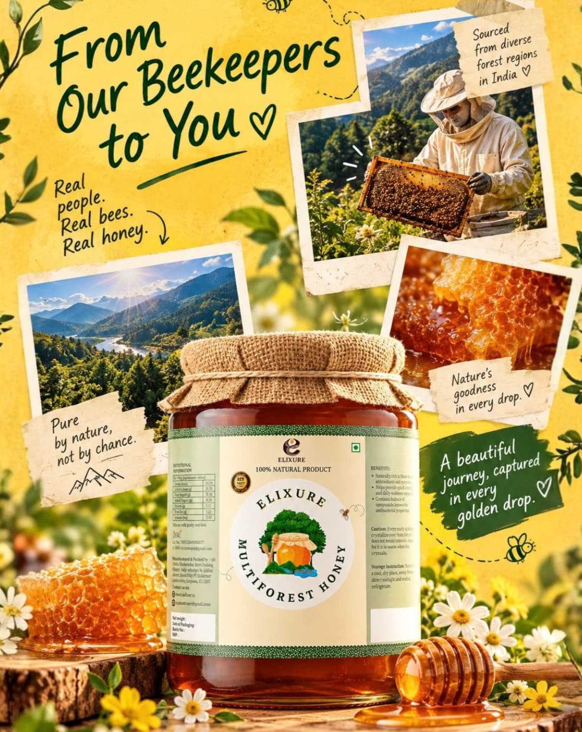 A jar of ELIXURE honey on a breakfast table with pancakes and toast